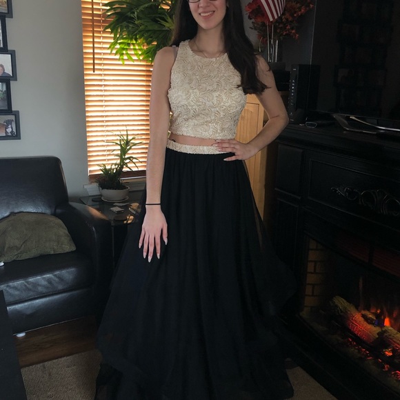 City Triangles Dresses & Skirts - Two Piece Black and Gold Prom Dress